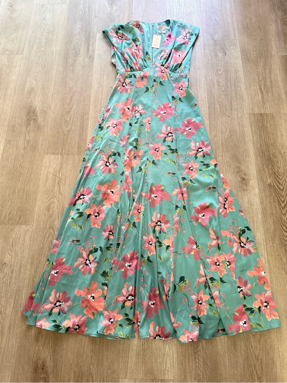 hutch glenna floral mint green & pink satin v-neck maxi dress gown size small